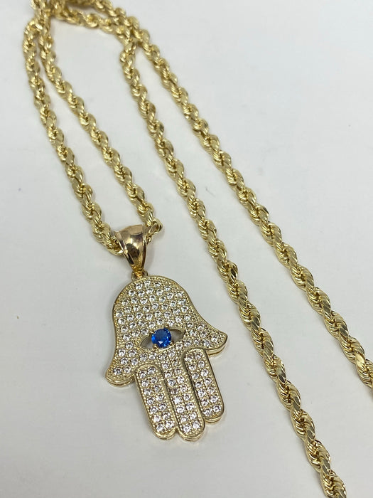 14k Gold Hamsa hand with stones , iced out  ( pendant or chain set )