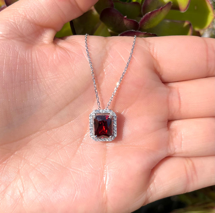 925 Silver Red Square Halo Necklace