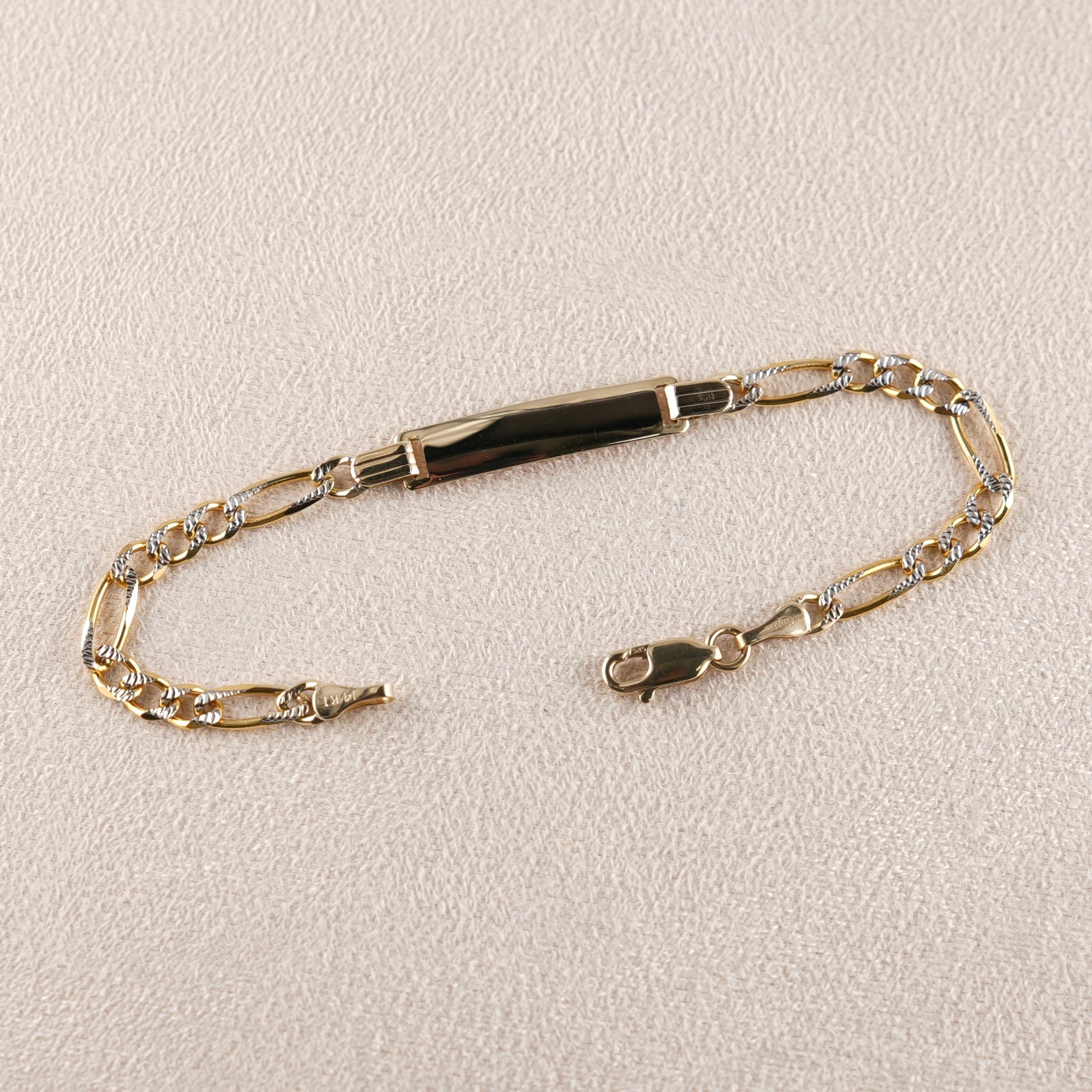 14k Gold Baby Solid Figaro White Pave ID Bracelet 3.9mm