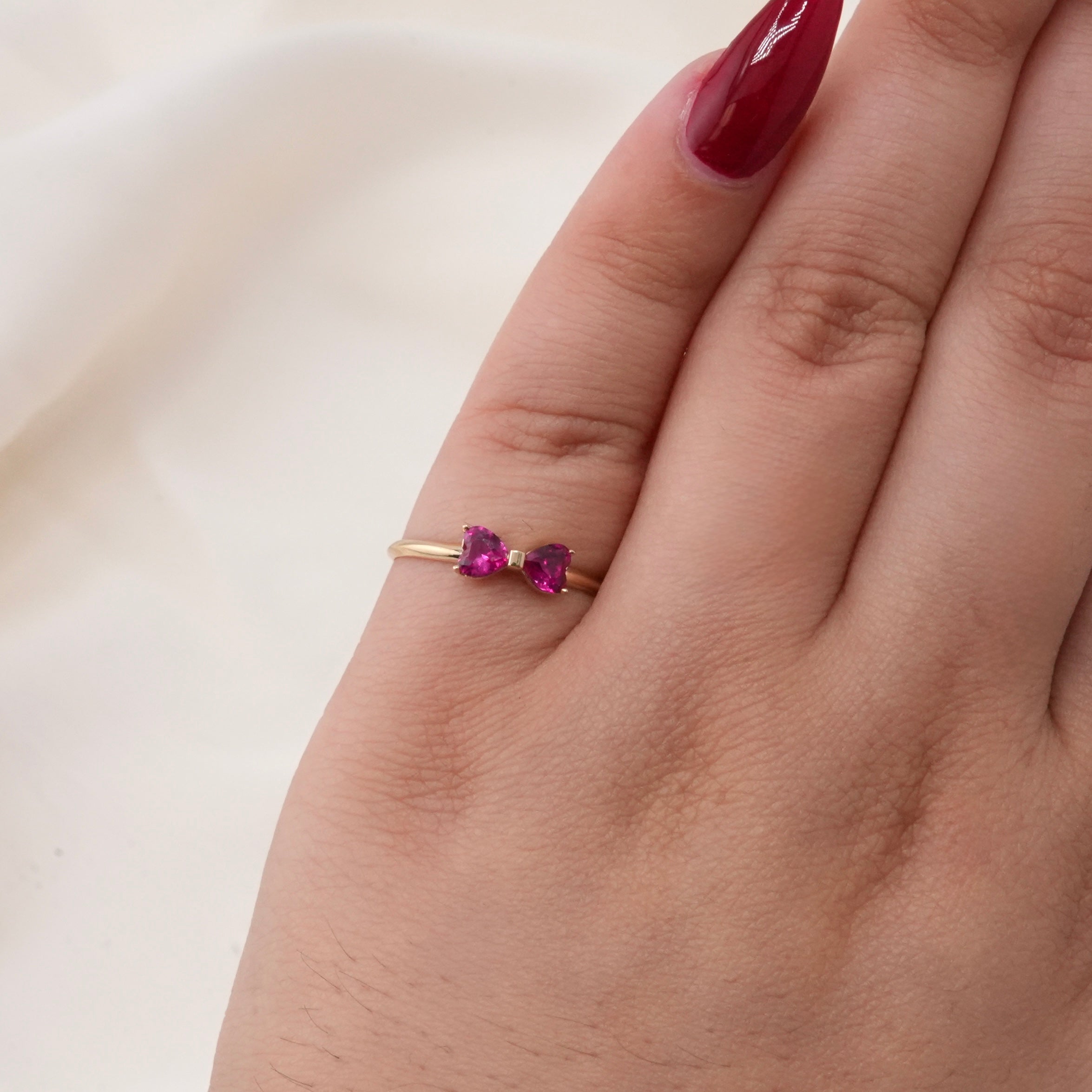14k Gold Dark Pink Bow Earrings & Ring Set