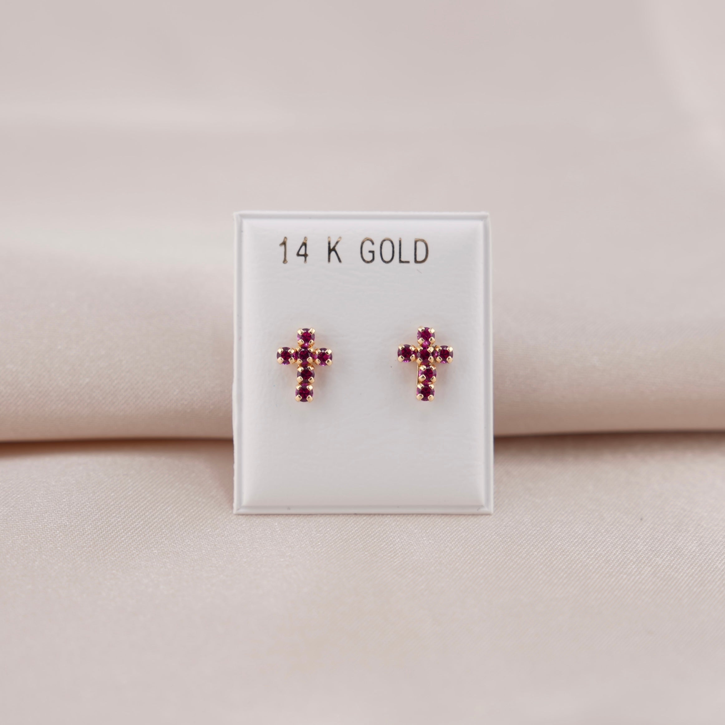 14k Gold Dark Pink Cross Earrings