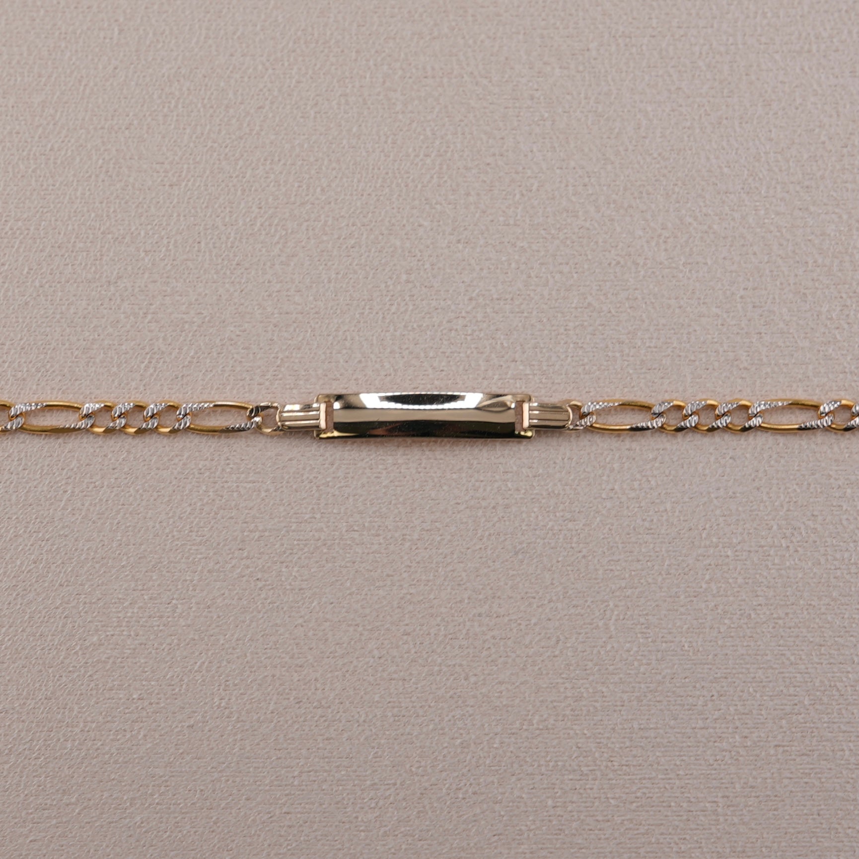 14k Gold Baby Solid Figaro White Pave ID Bracelet 3.9mm
