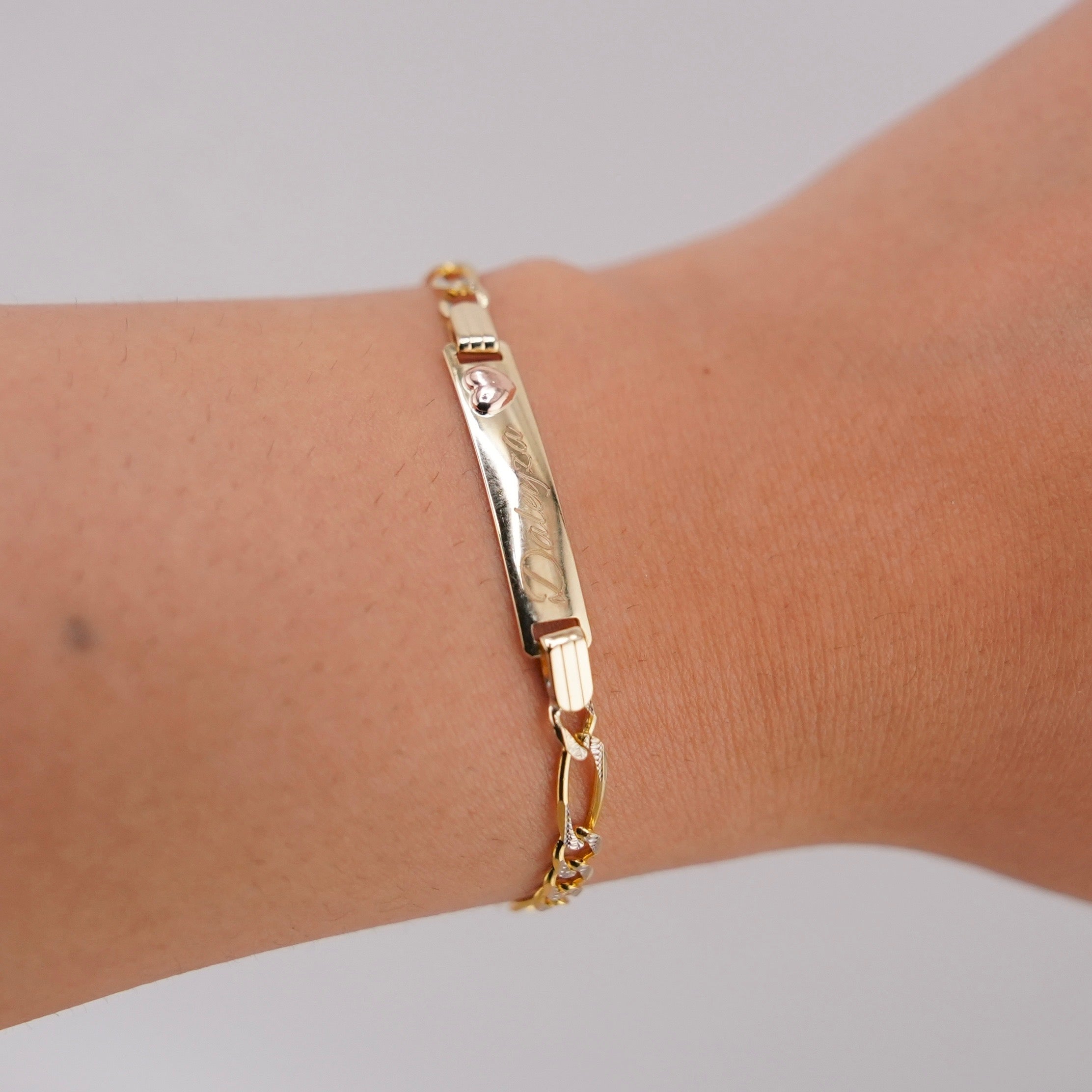 14K Gold Solid Figaro Baby ID Bracelet With White Pave