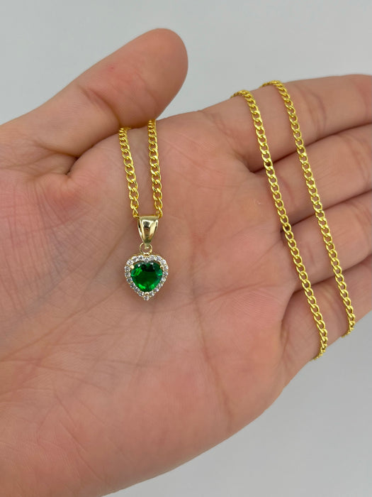 14k Gold Emerald Green Heart Chain Set
