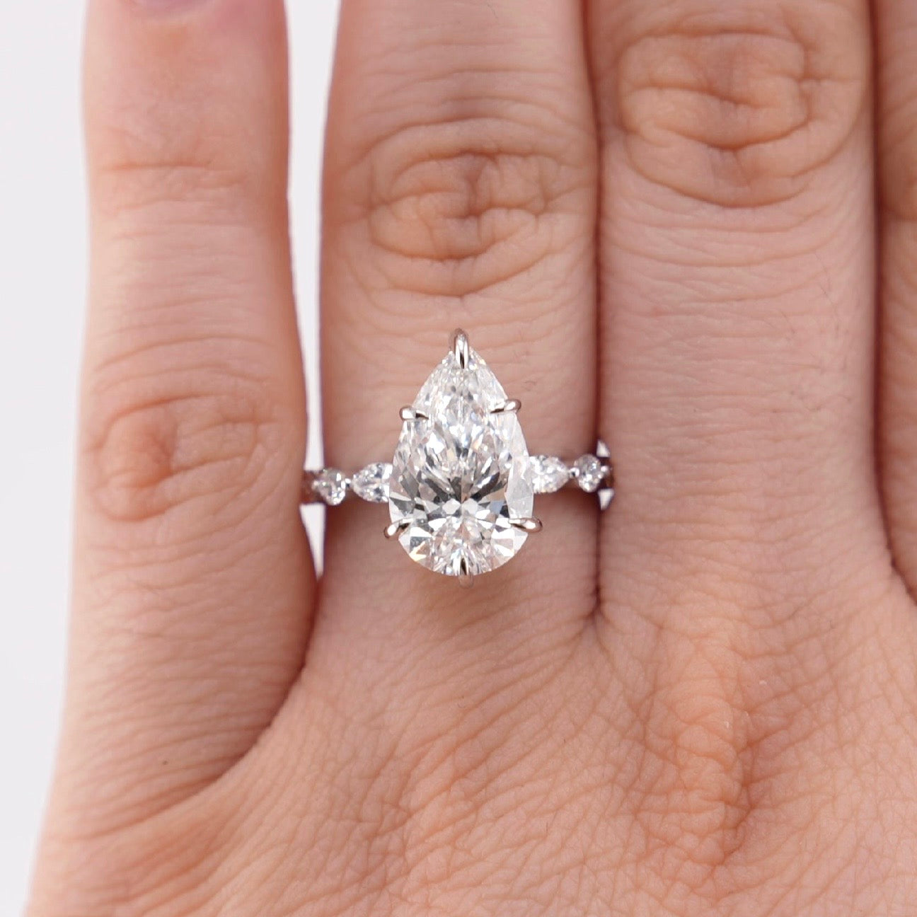14k White Gold Pear Lab Diamond Ring 4.06ct