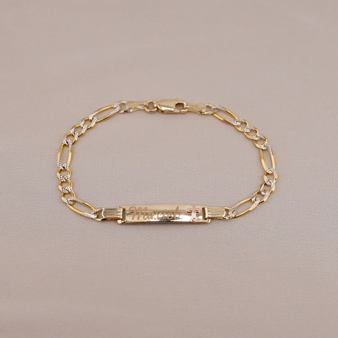 14K Gold Solid Figaro Baby ID Bracelet With White Pave