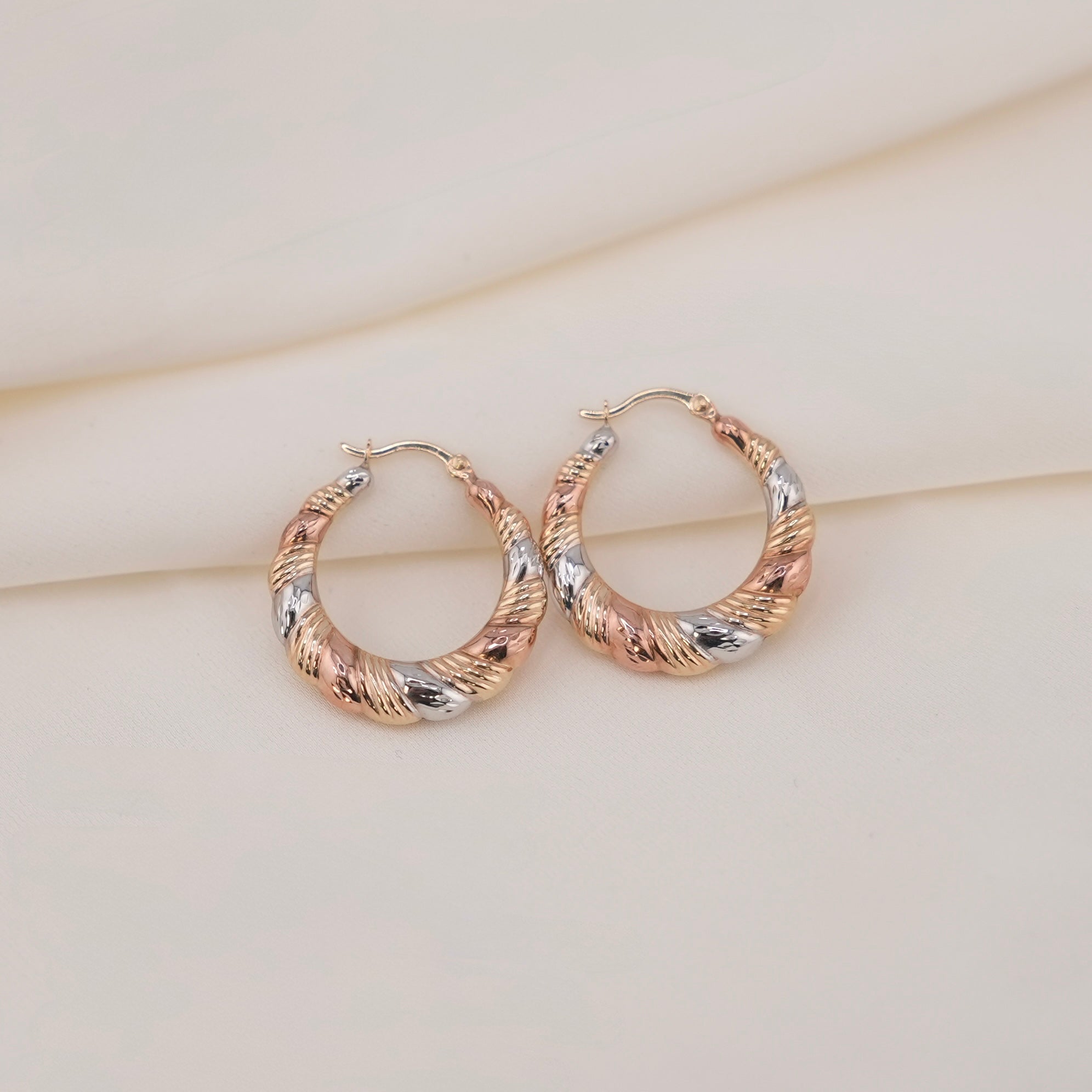 14k Gold Hollow 3 Tone Hoop Earrings