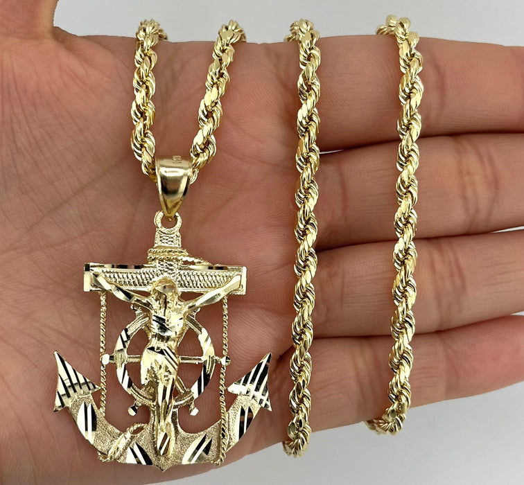 14k Gold Medium Jesus Anchor chain set