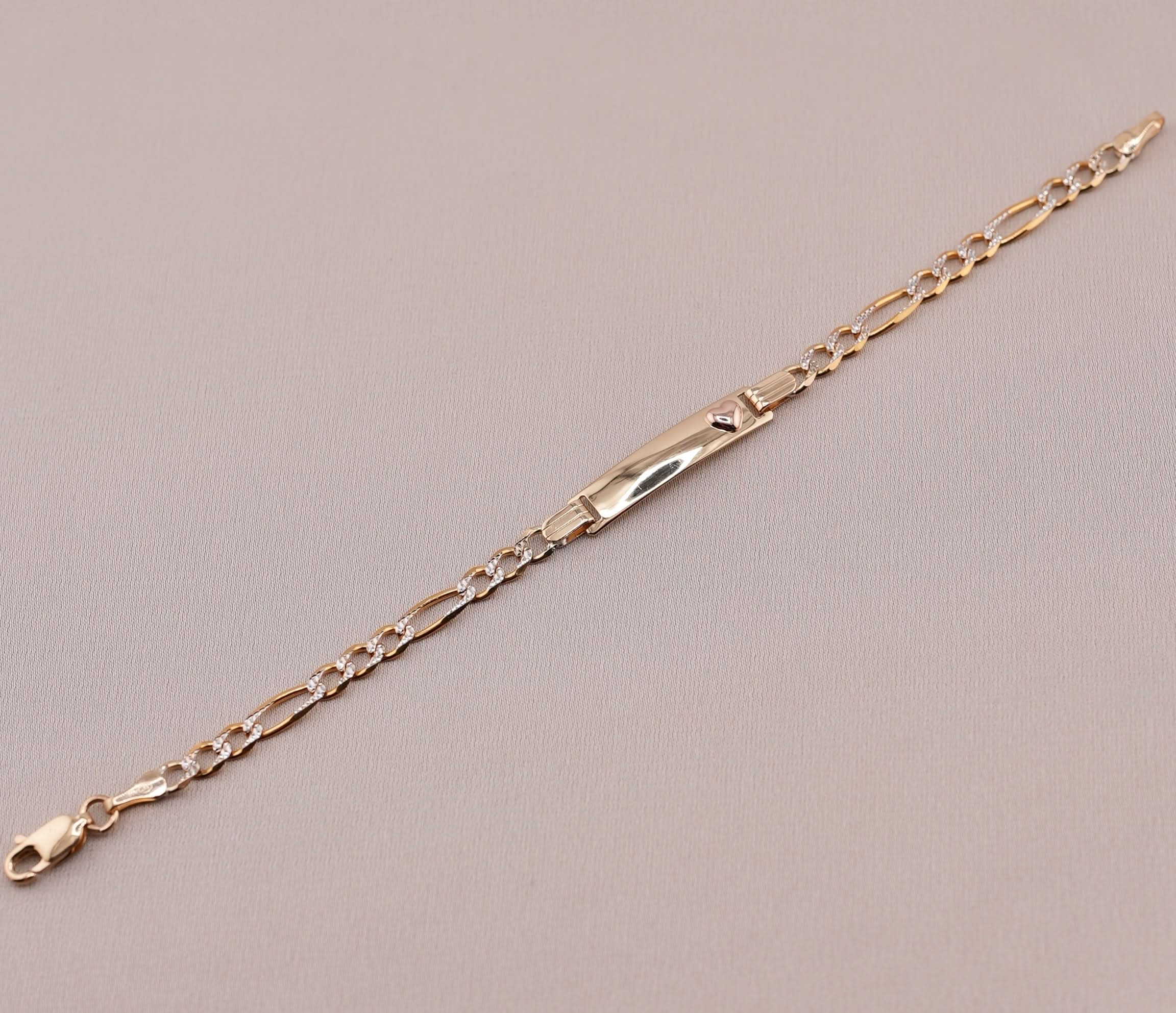 14K Gold Solid Figaro Baby ID Bracelet With White Pave