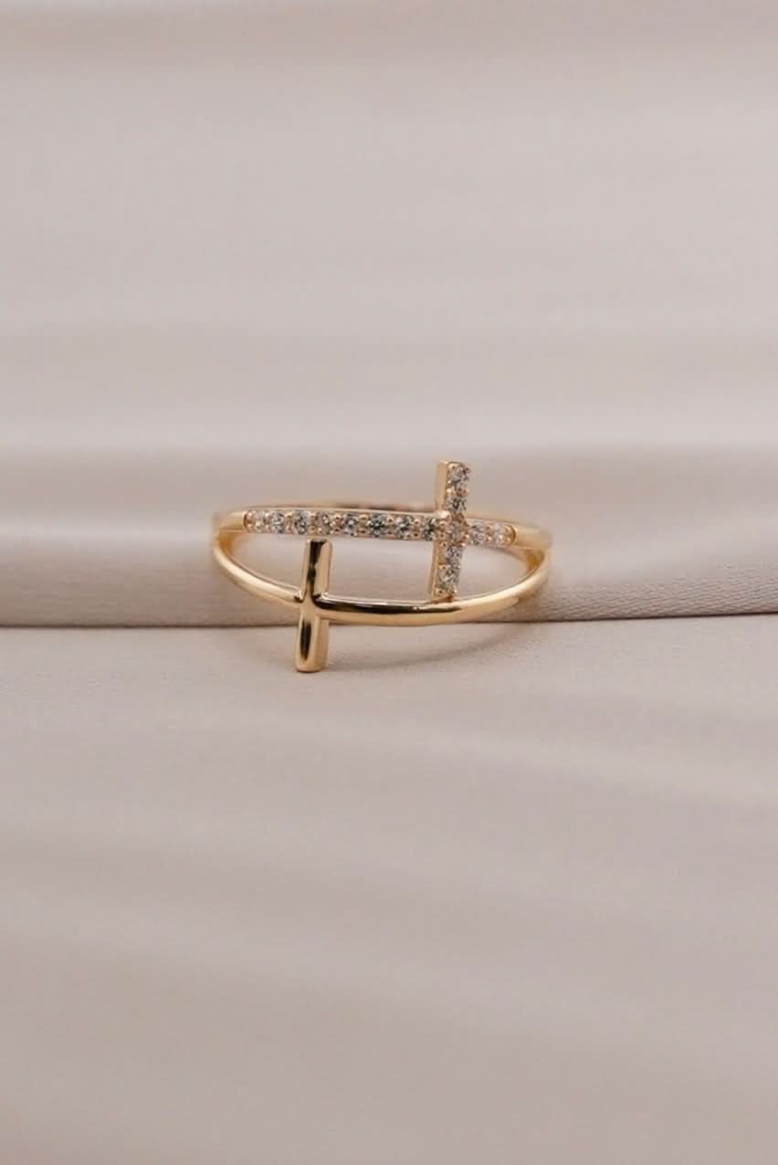 14k Gold Double Cross Ring