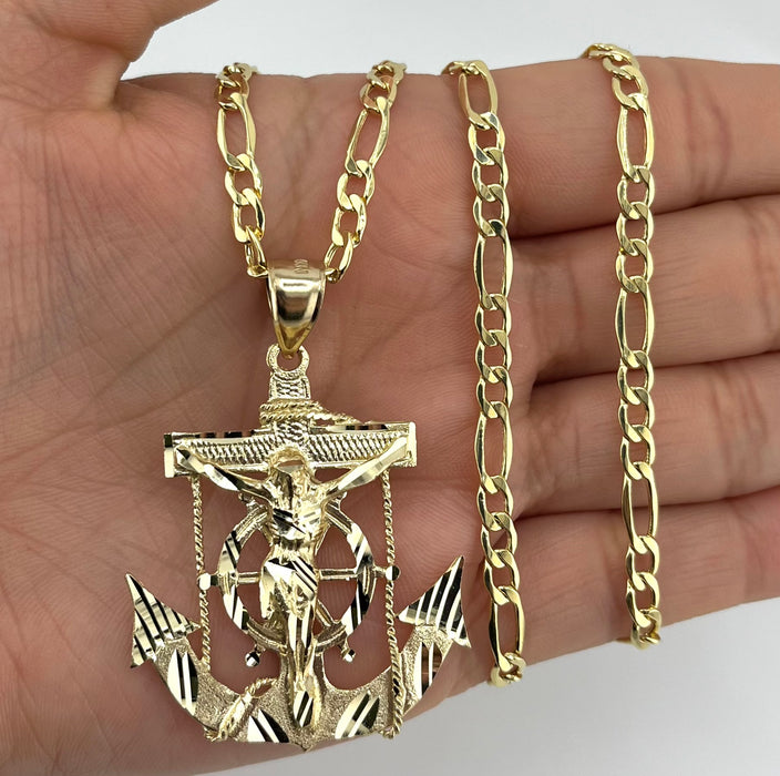 14k Gold Medium Jesus Anchor chain set