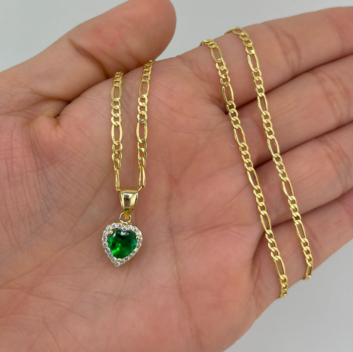 14k Gold Emerald Green Heart Chain Set