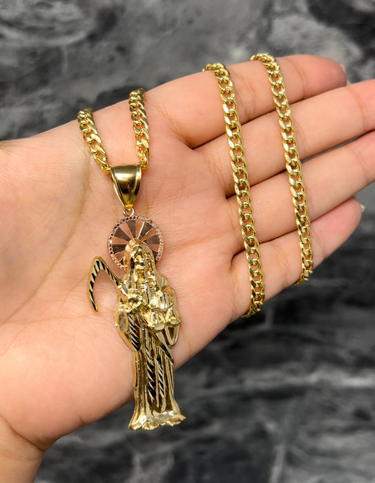 14k Gold Santa Muerte Pendant or Chain Set