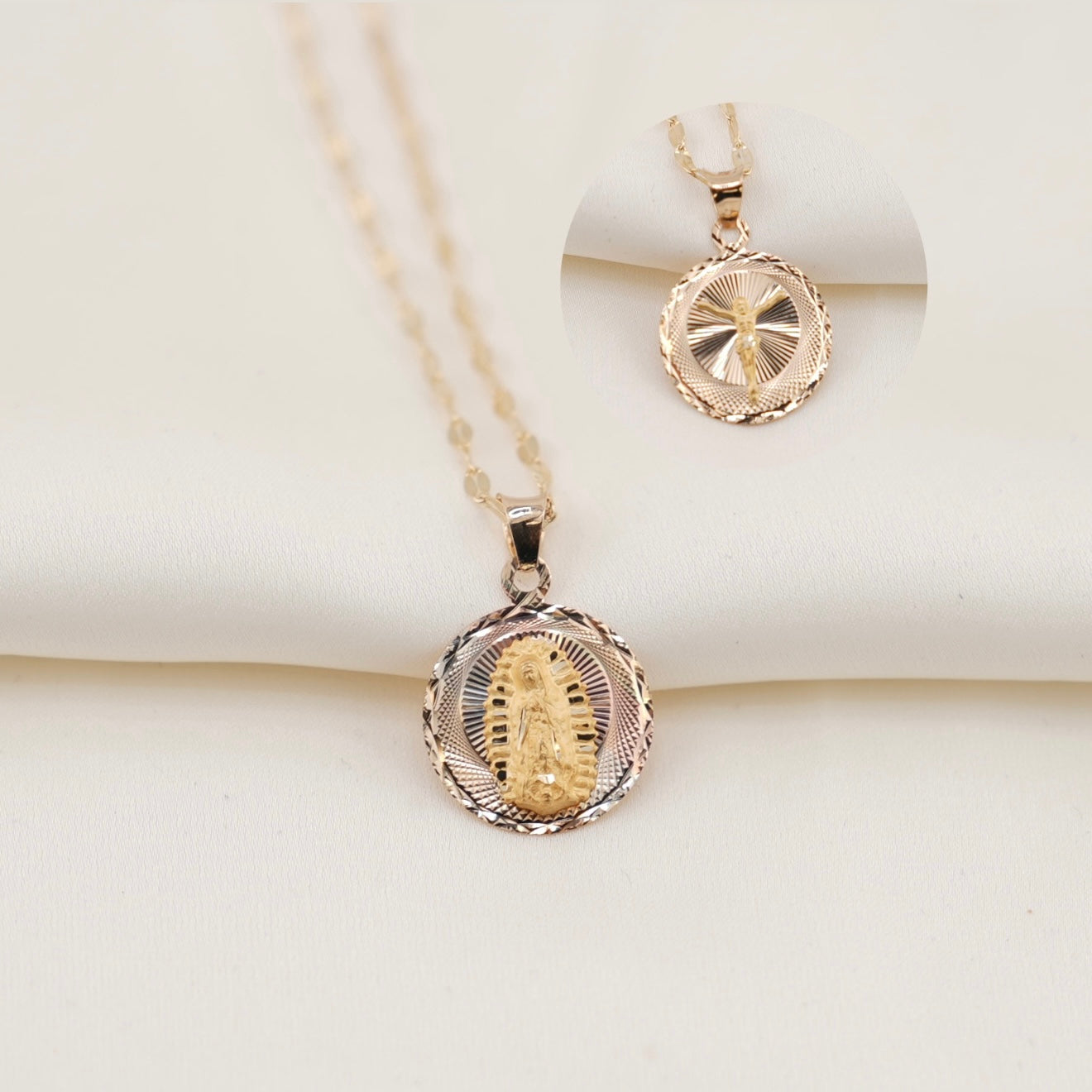 14k Gold Double Sided Virgencita/JesusChain Set