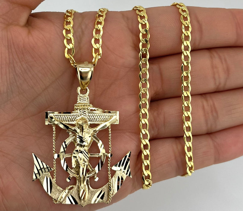 14k Gold Medium Jesus Anchor chain set P35-10