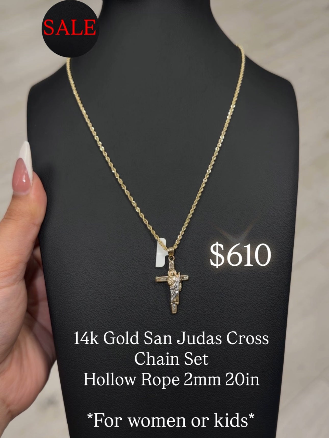 14k Gold San Judas Cross Chain Set Hollow Rope 2mm 20in store purchase