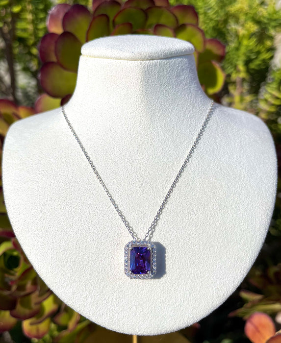925 Silver Purple Square Halo Necklace