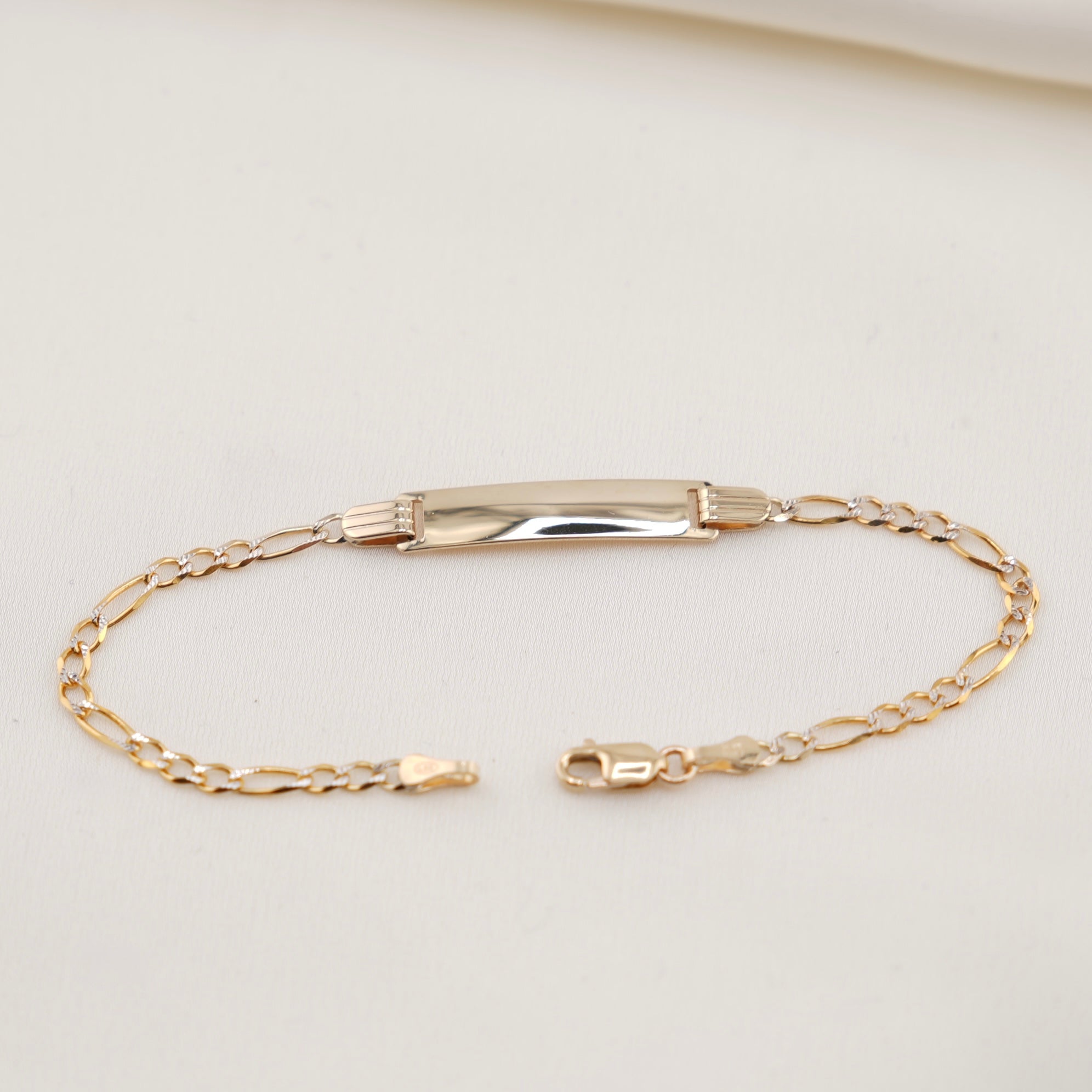 14k Gold Solid White Pave Figaro Baby ID Bracelet