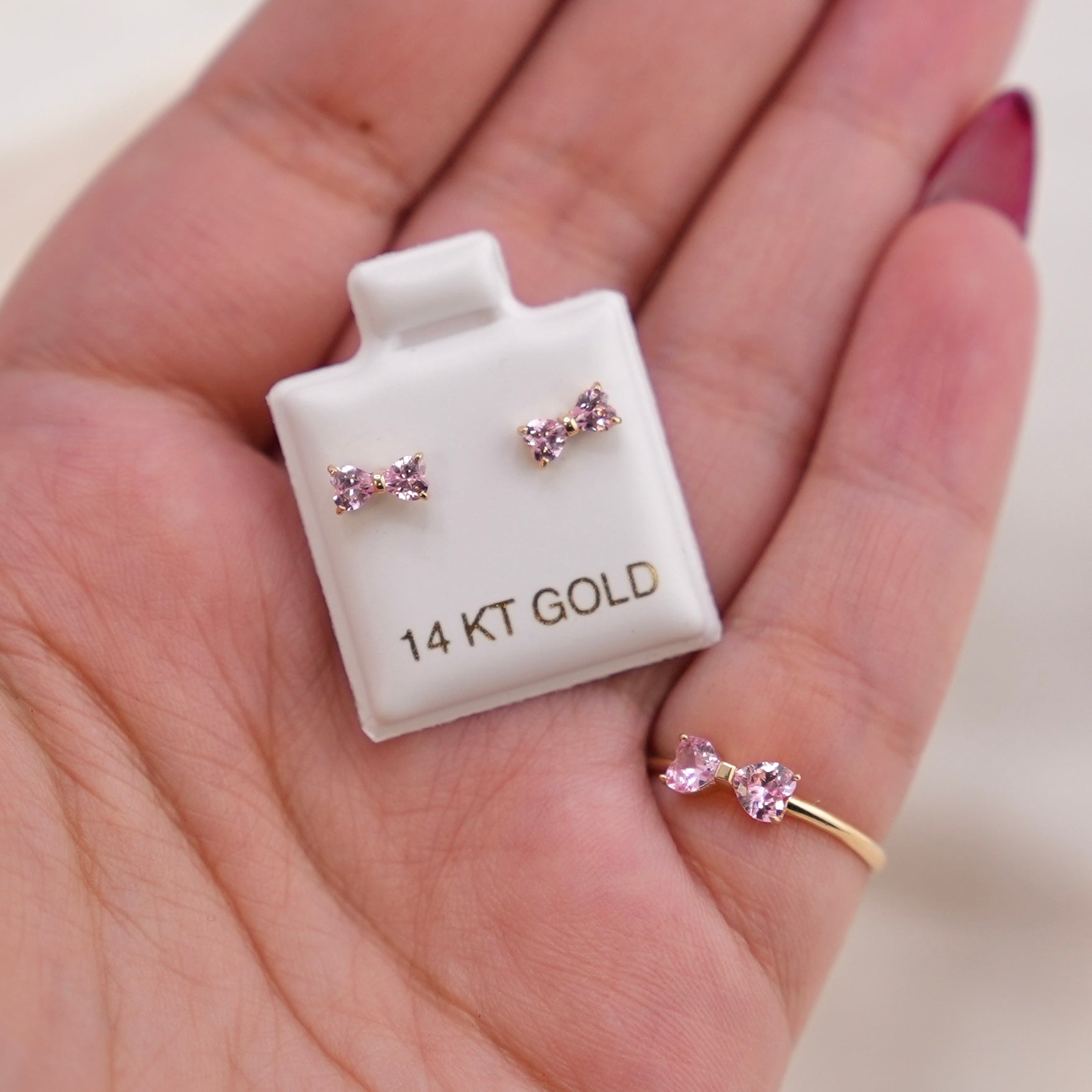 14k Gold Light Pink Bow Earrings & Ring Set