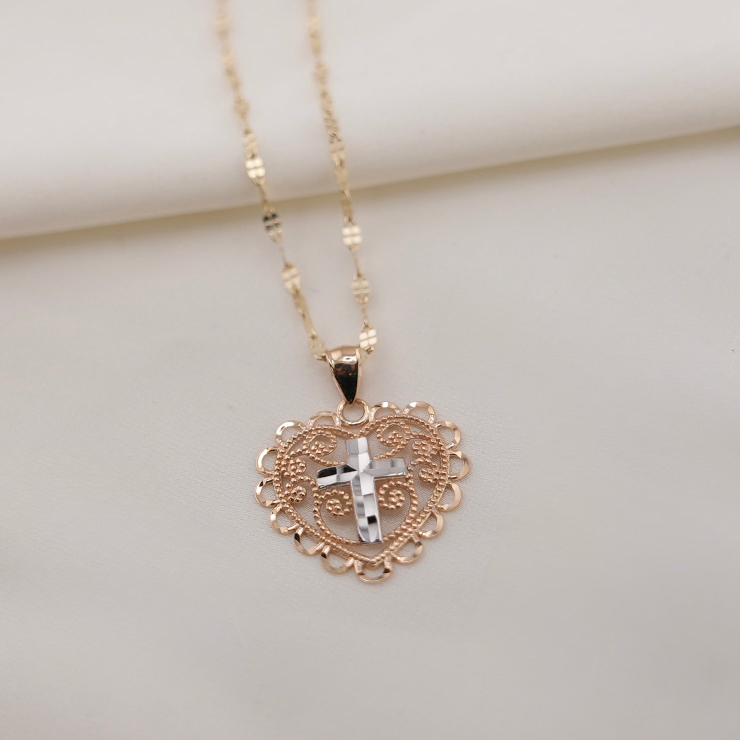14k Gold Heart Cross Chain Set