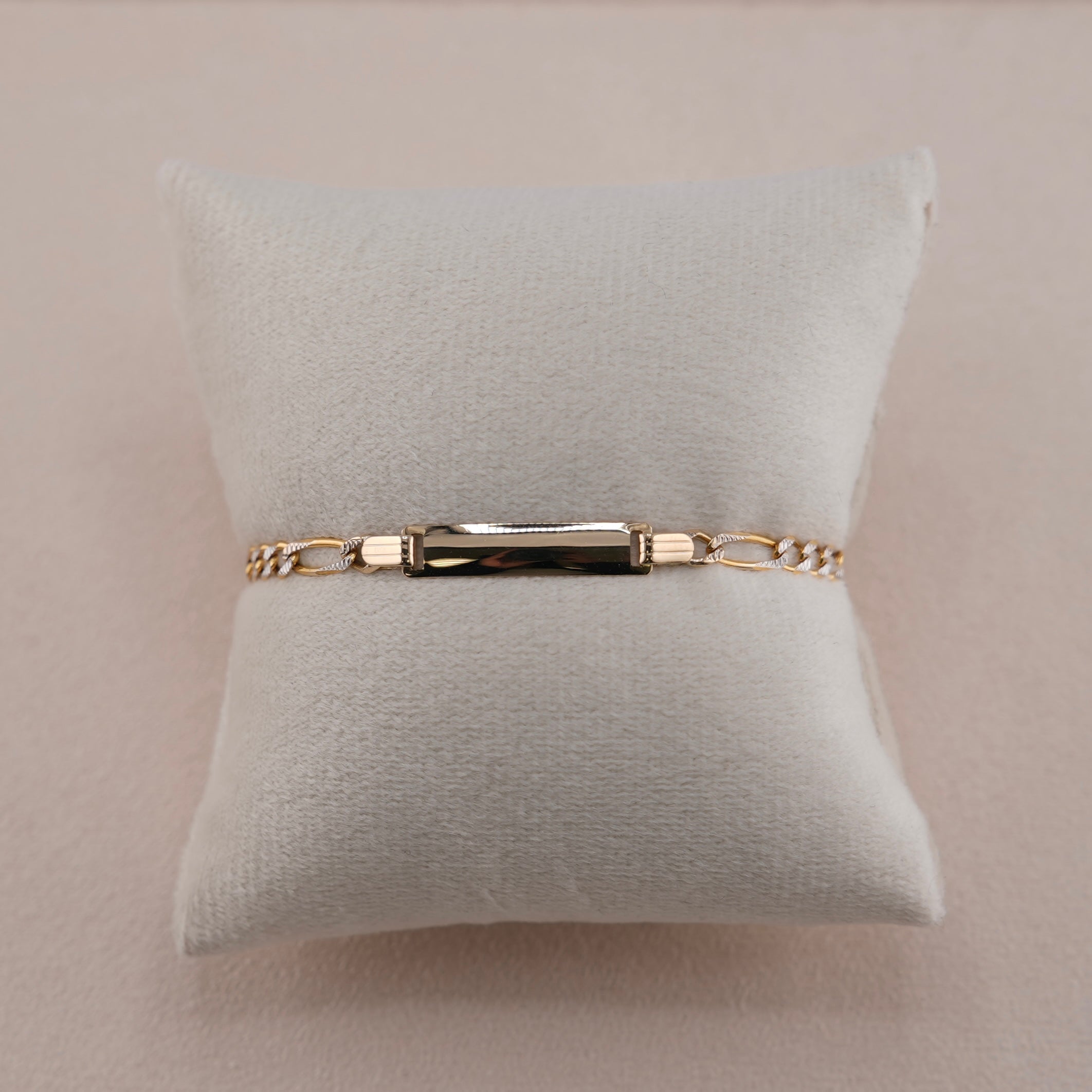 14k Gold Baby Solid Figaro White Pave ID Bracelet 3.9mm