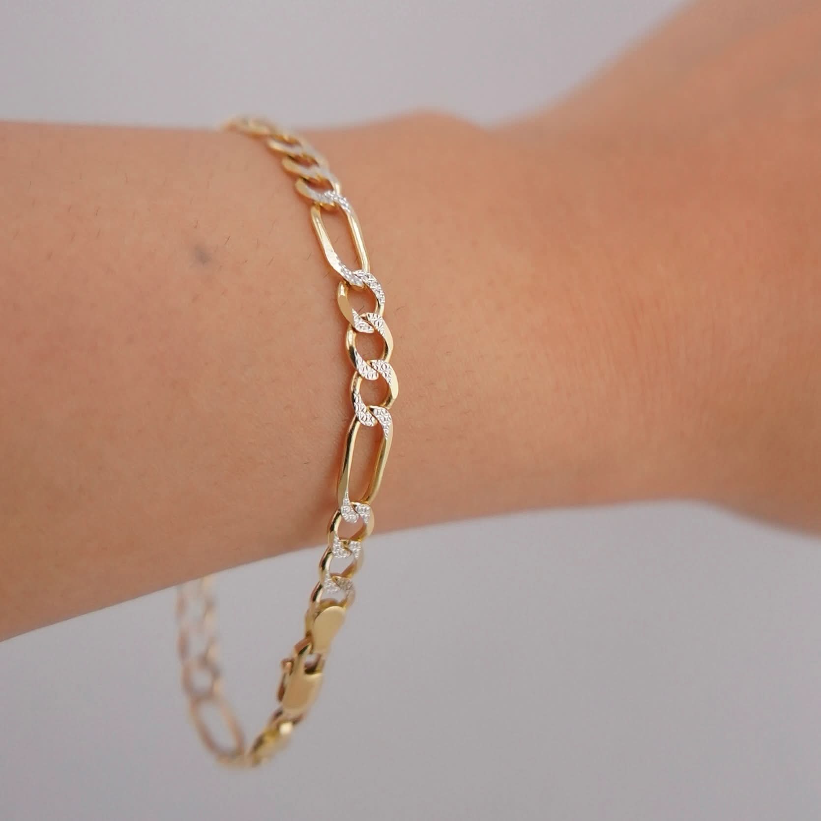 14K Gold Solid White Pave Figaro Bracelet 5mm