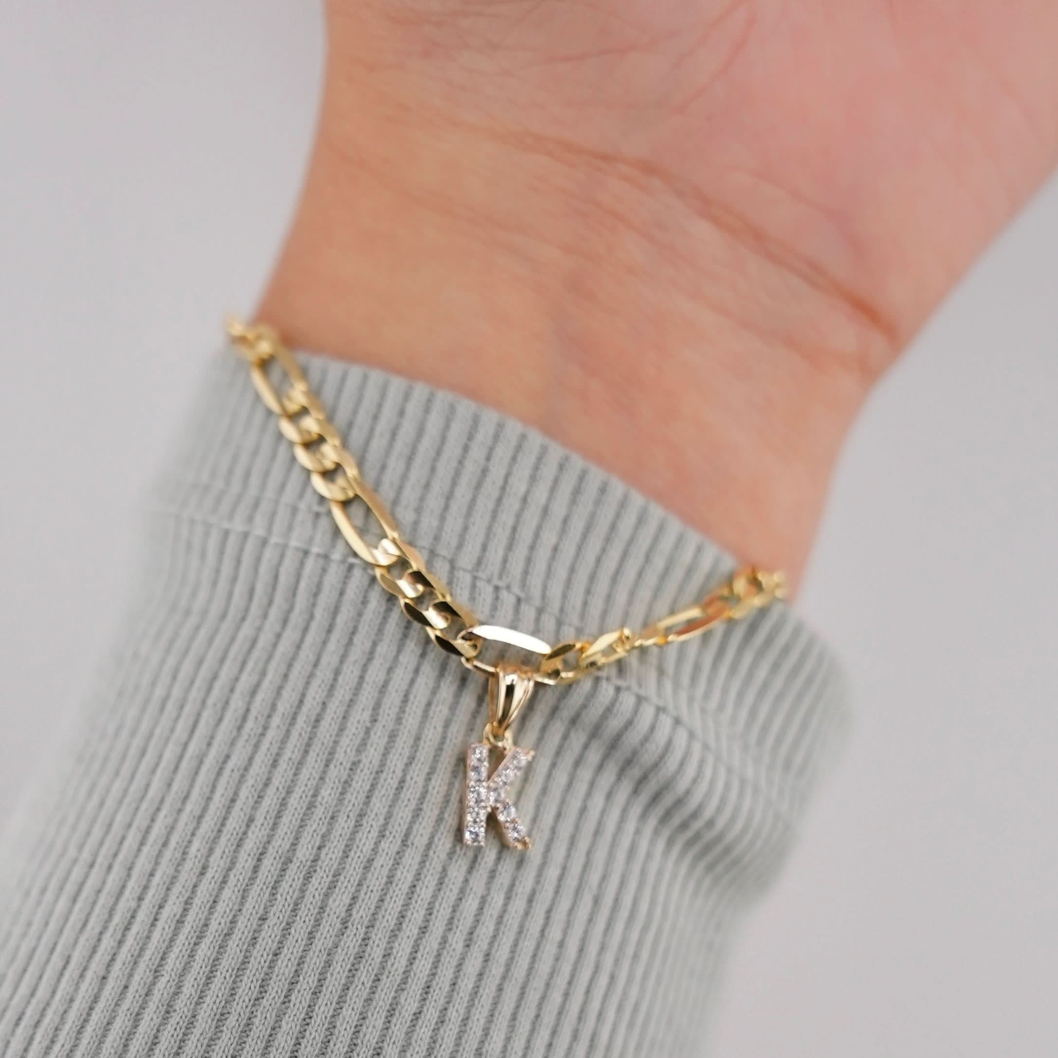14k Gold Solid Figaro Initial Bracelet