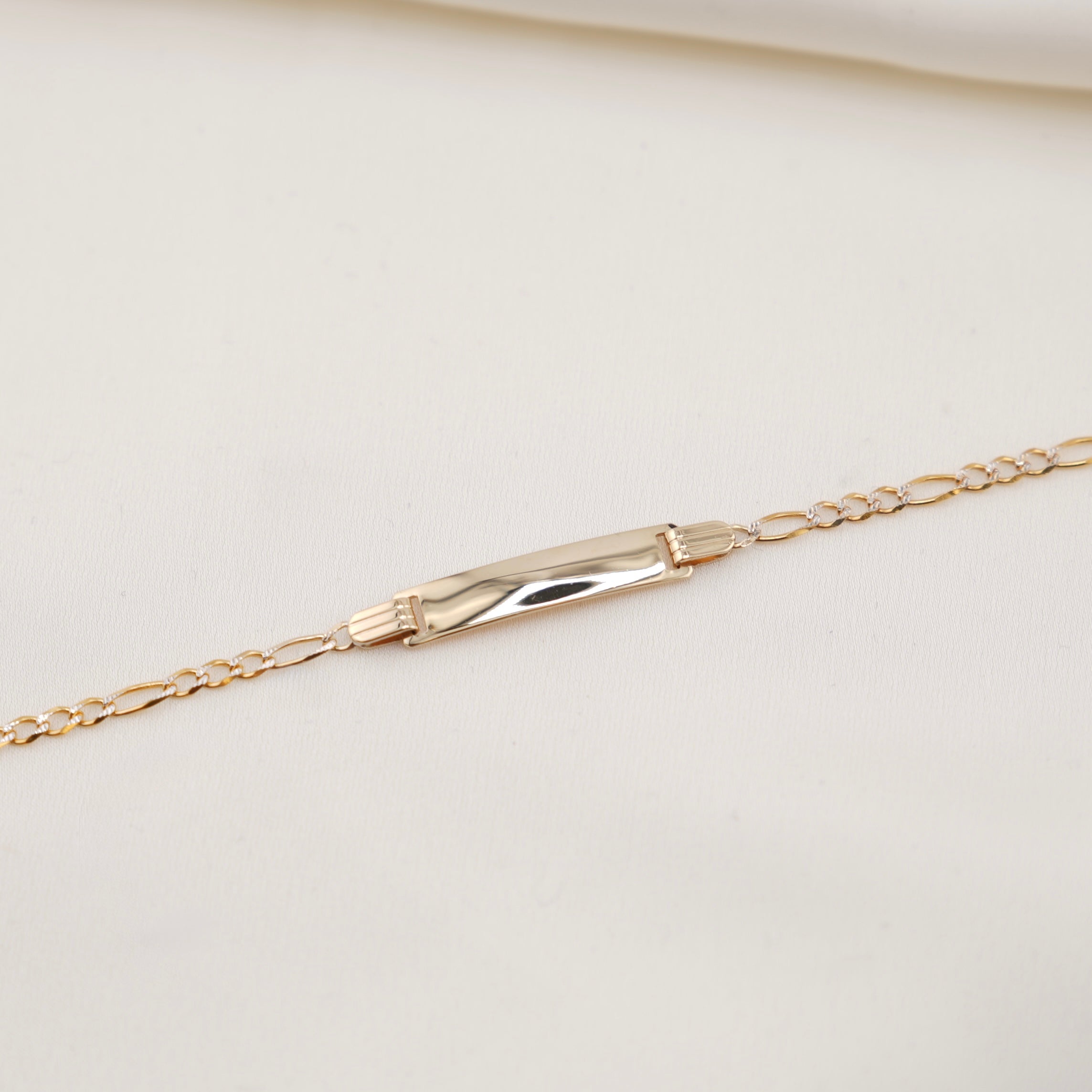 14k Gold Solid White Pave Figaro Baby ID Bracelet