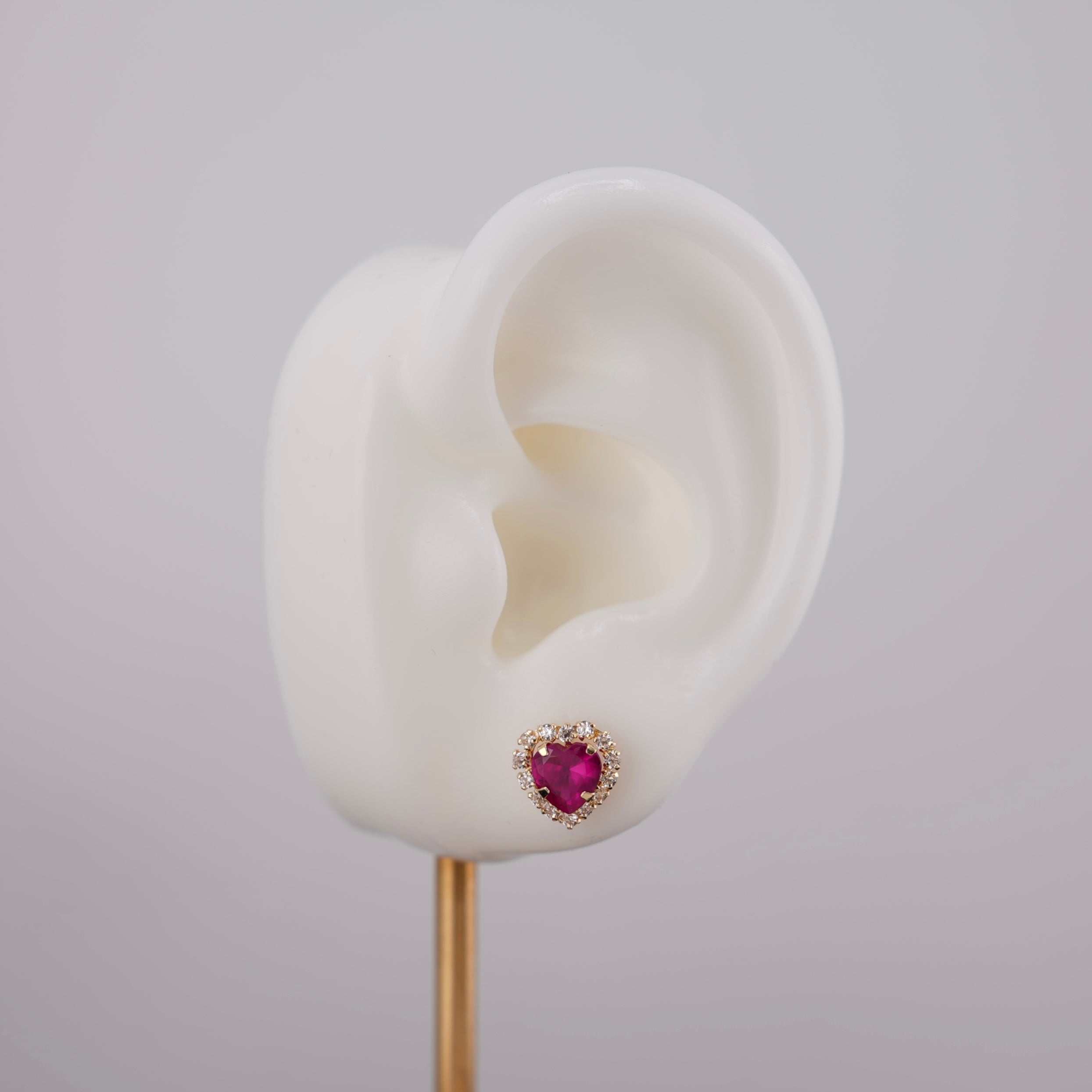 14k Gold Dark Pink Heart Earrings