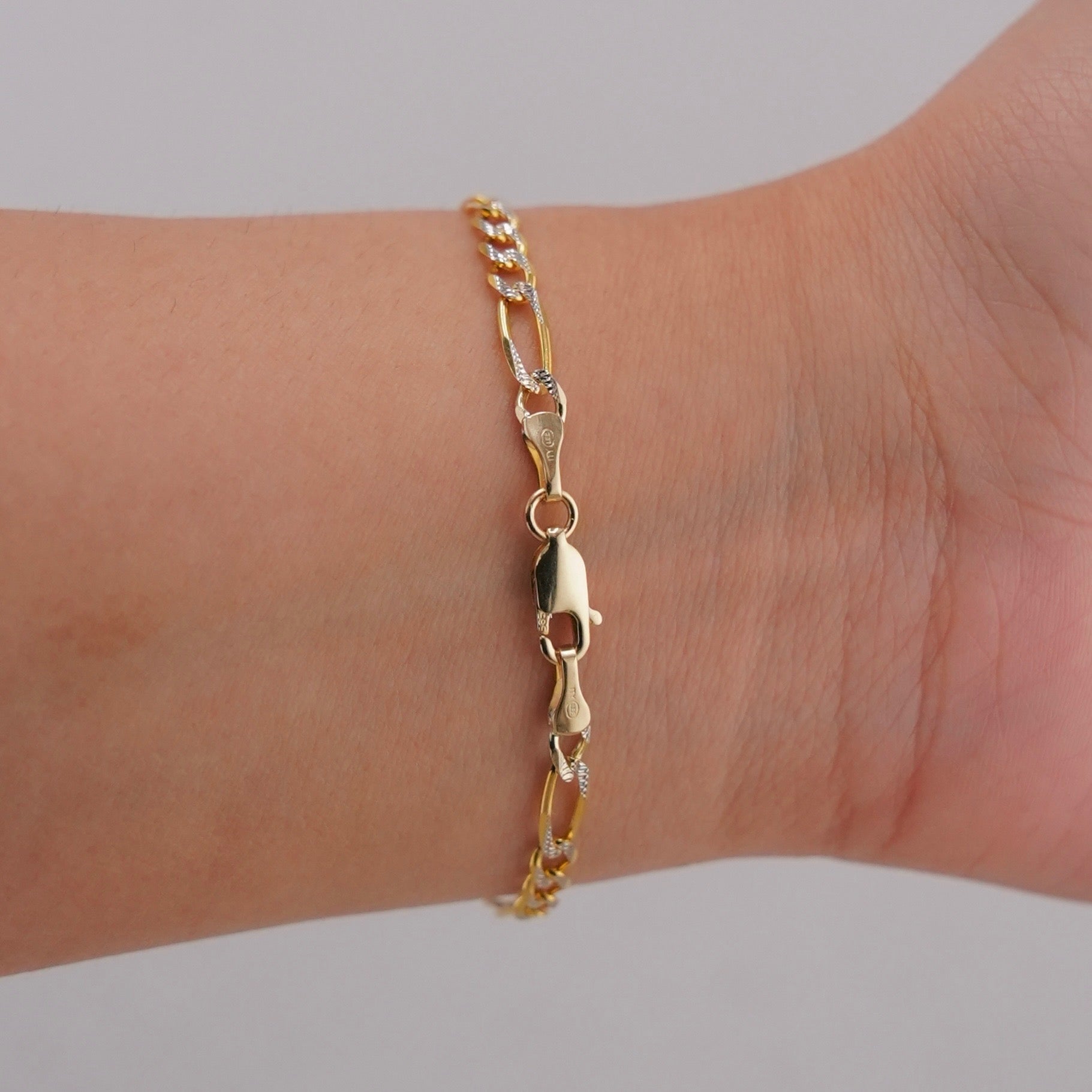14K Gold Solid Figaro Baby ID Bracelet With White Pave