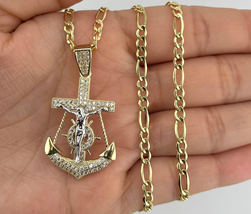 14k Gold Small Jesus Anchor Chain Set P35-03
