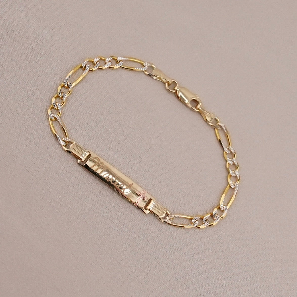 14K Gold Solid Figaro Baby ID Bracelet With White Pave