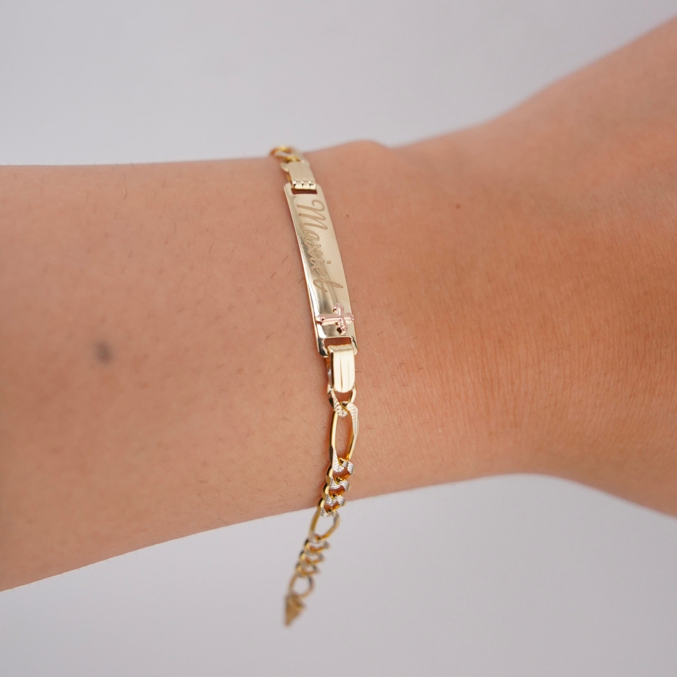 14K Gold Solid Figaro Baby ID Bracelet With White Pave