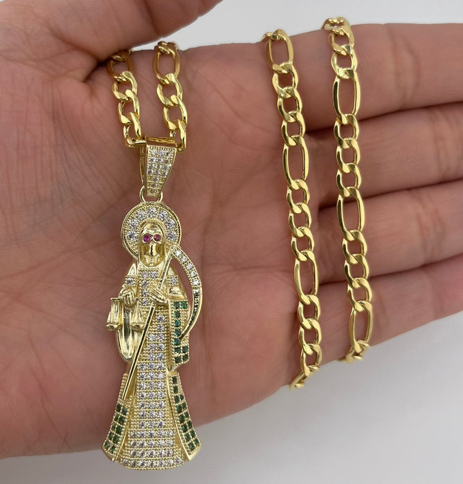 14k Gold Medium Santa Muerte Chain Set