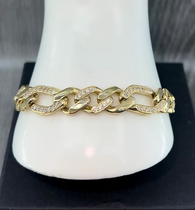 14k Gold Figaro Men’s Bracelet w/CZ’s