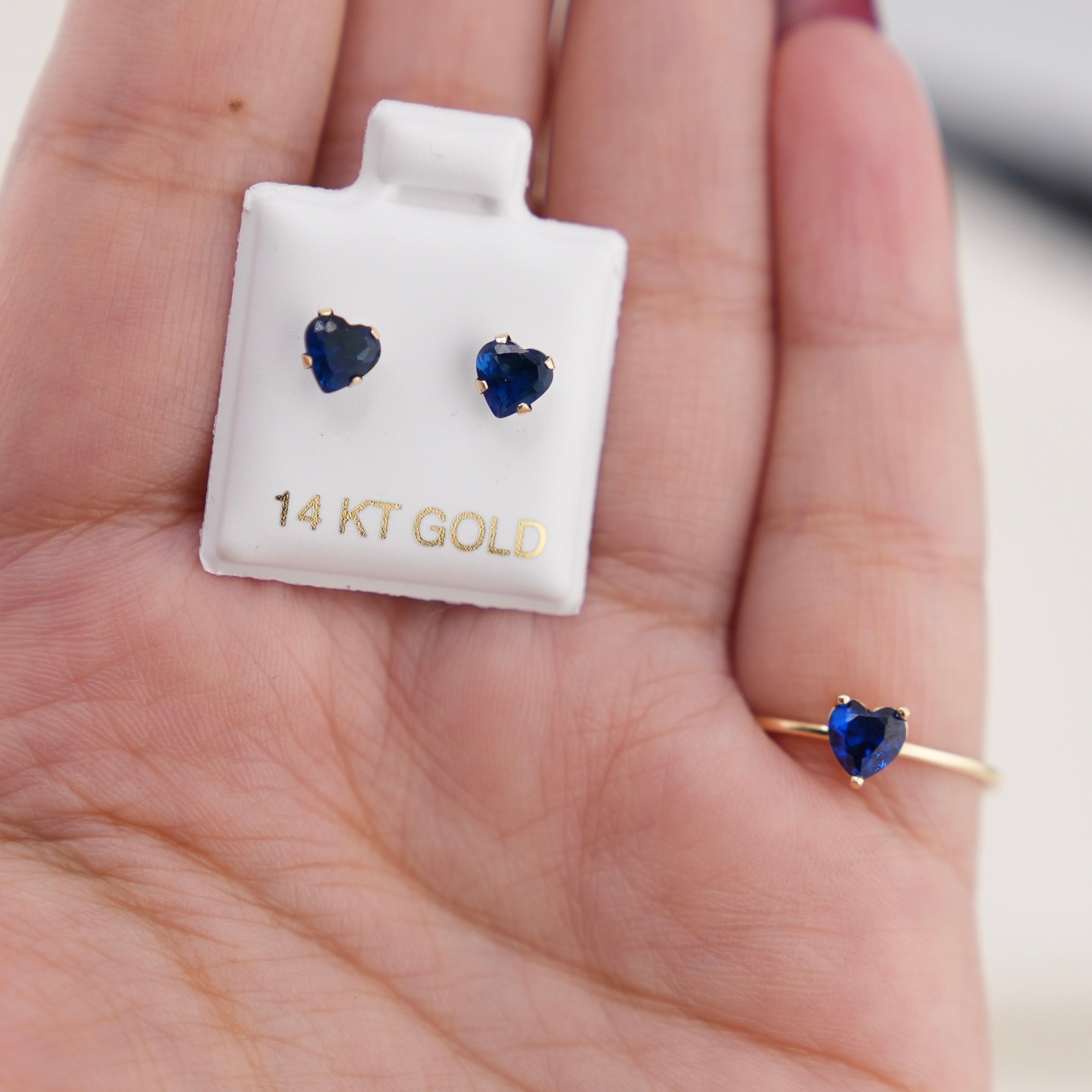 14k Gold Blue Heart Earrings & Ring Set