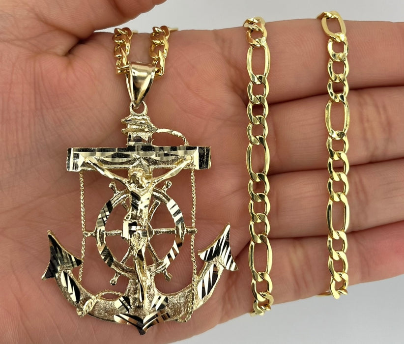 14k Gold Large Jesus Anchor Chain Set P35-09