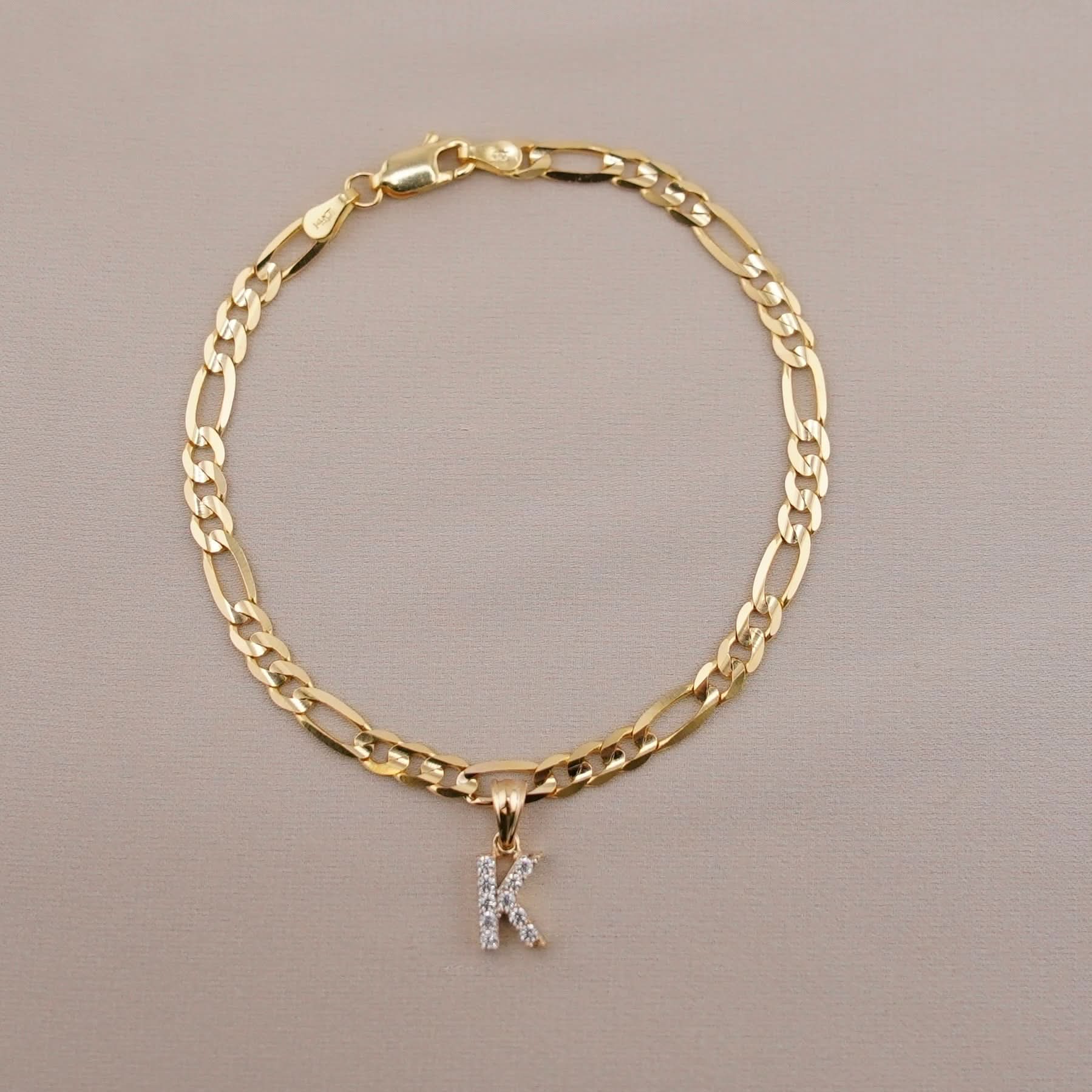 14k Gold Solid Figaro Initial Bracelet