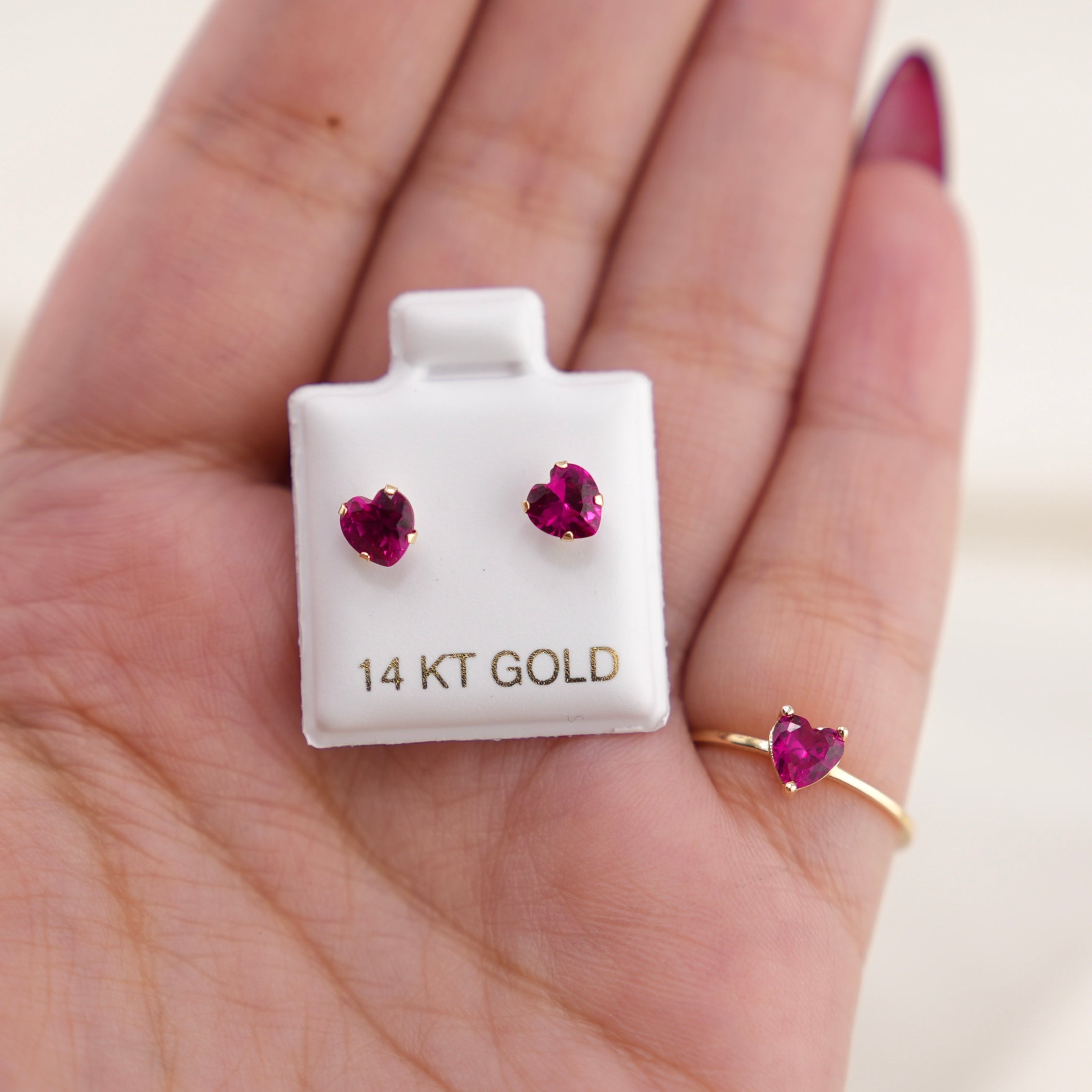 14k Gold Dark Pink Heart Earrings & Ring Set