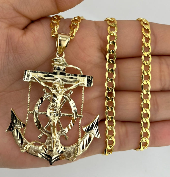 14k Gold Large Jesus Anchor Chain Set P35-09