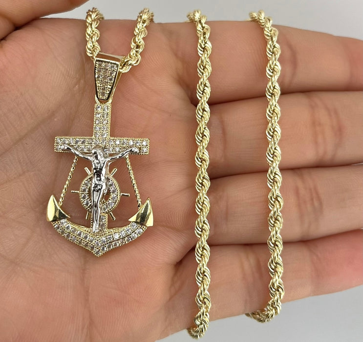 14k Gold Small Jesus Anchor Chain Set P35-03