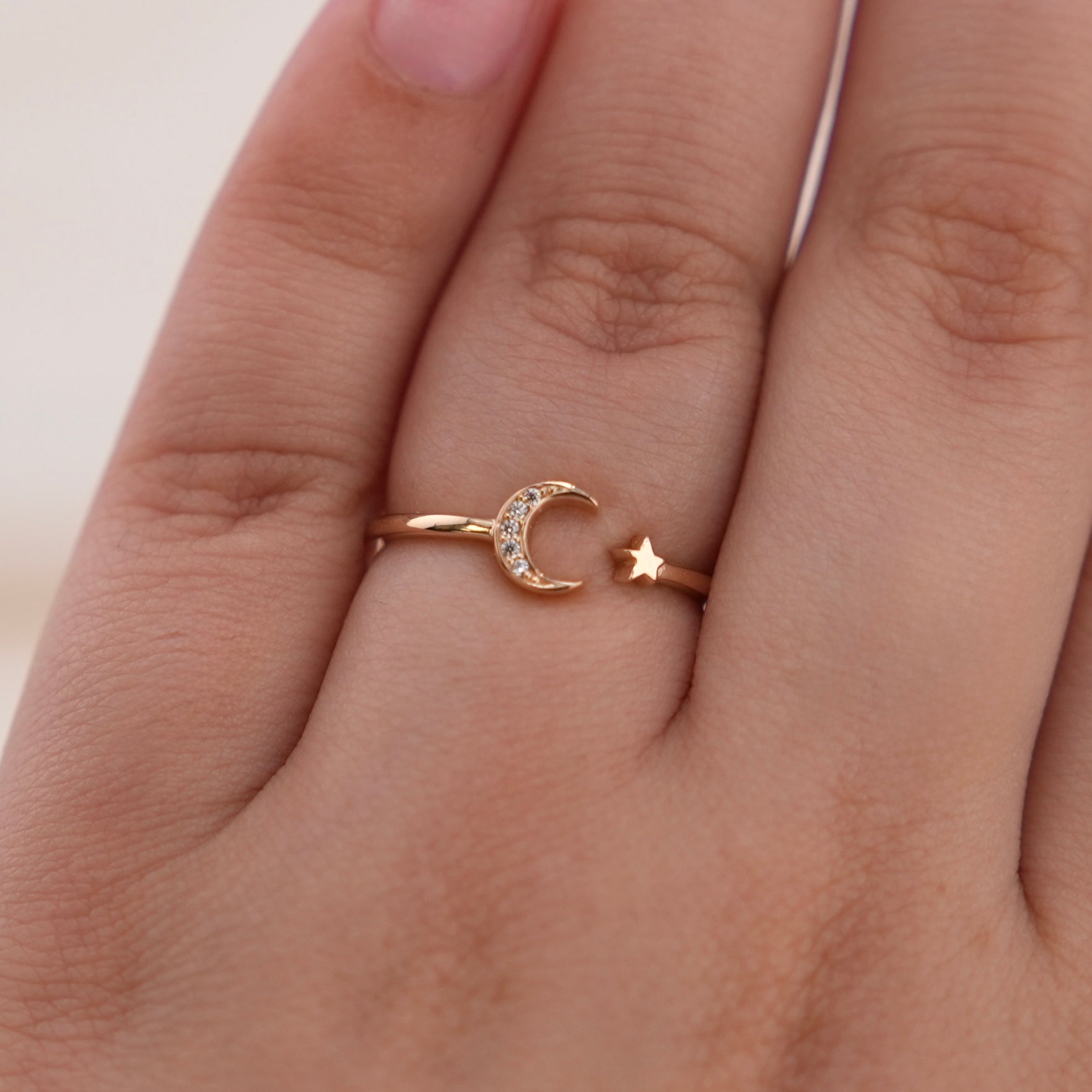 14k Gold Moon & Star Ring