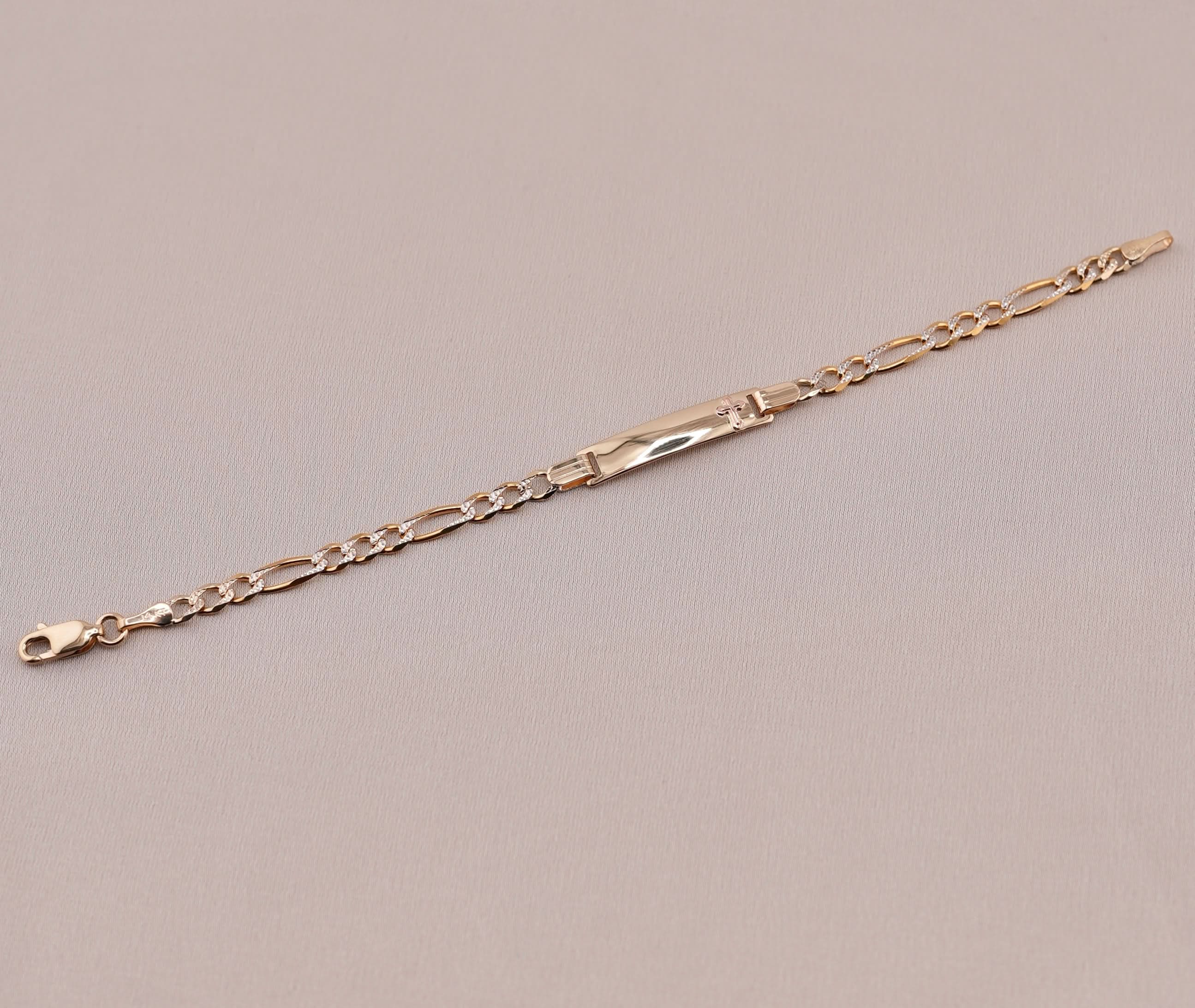 14K Gold Solid Figaro Baby ID Bracelet With White Pave