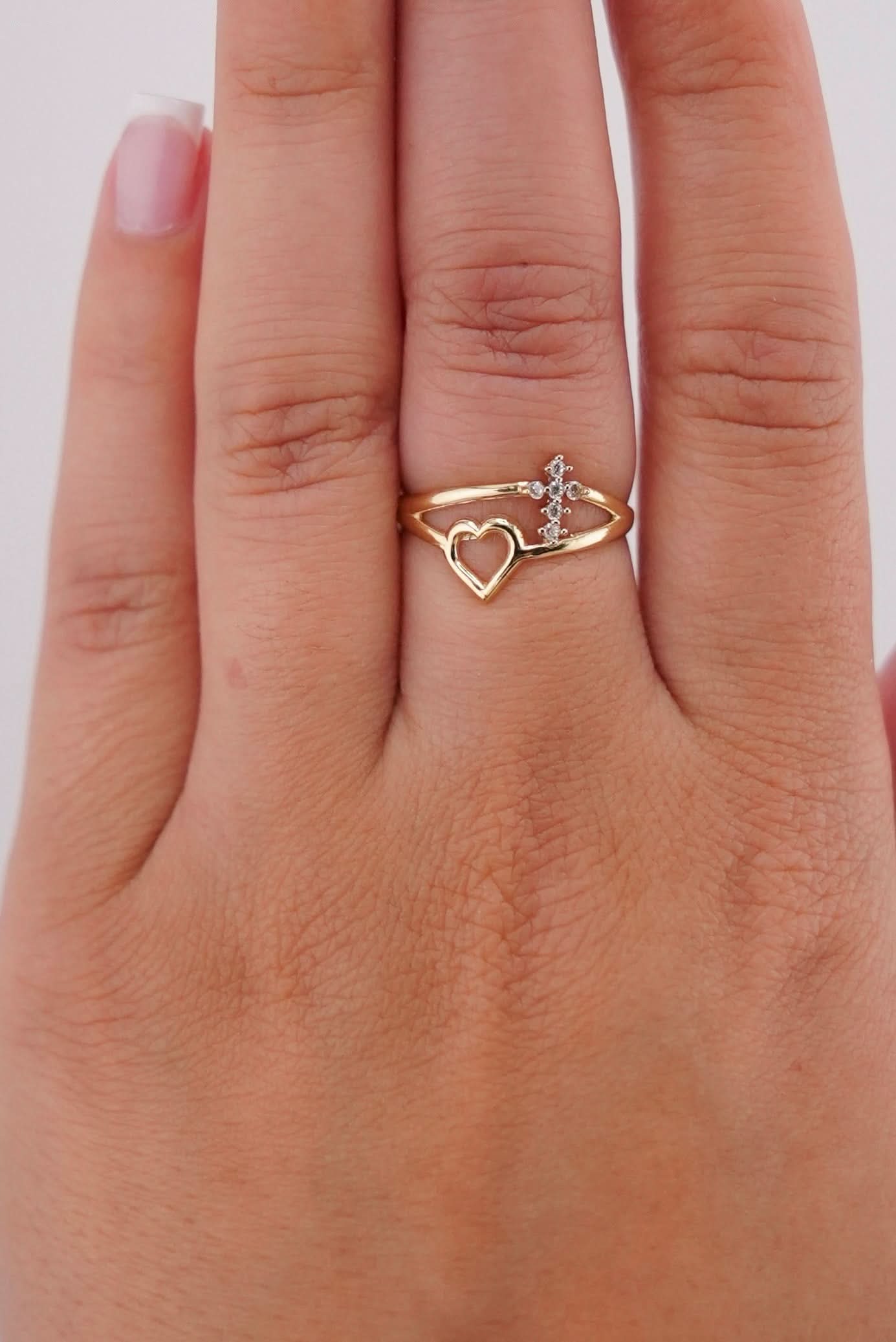 14k Gold Cross & Heart Ring 071