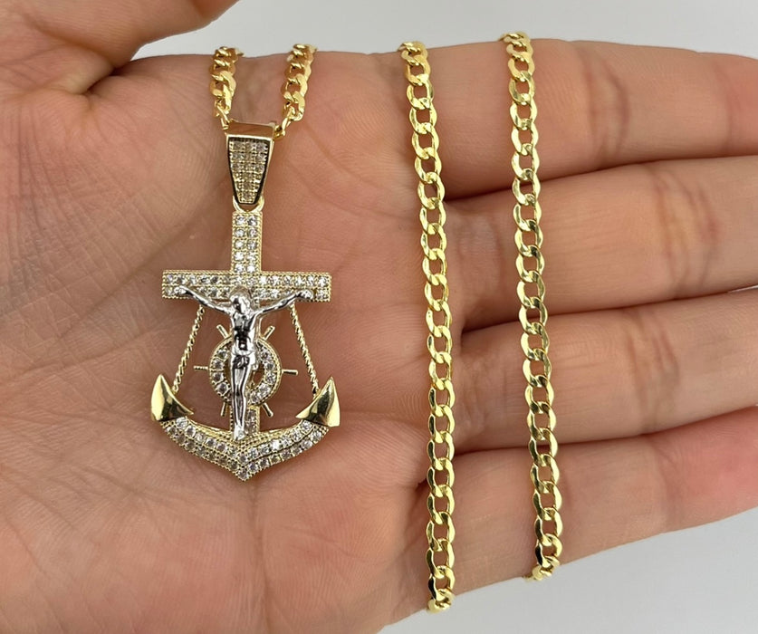 14k Gold Small Jesus Anchor Chain Set P35-03