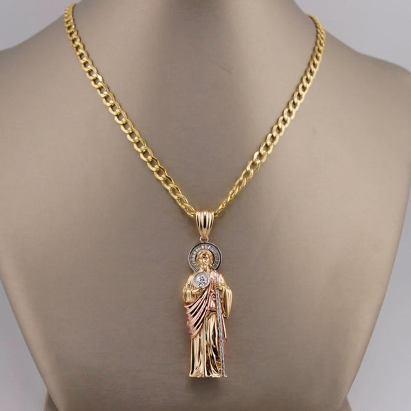 14k Gold San Judas Chain - XXLarge 3D Full Body Tri Tone Gold San Judas Pendant - Solid Chain - LE3159