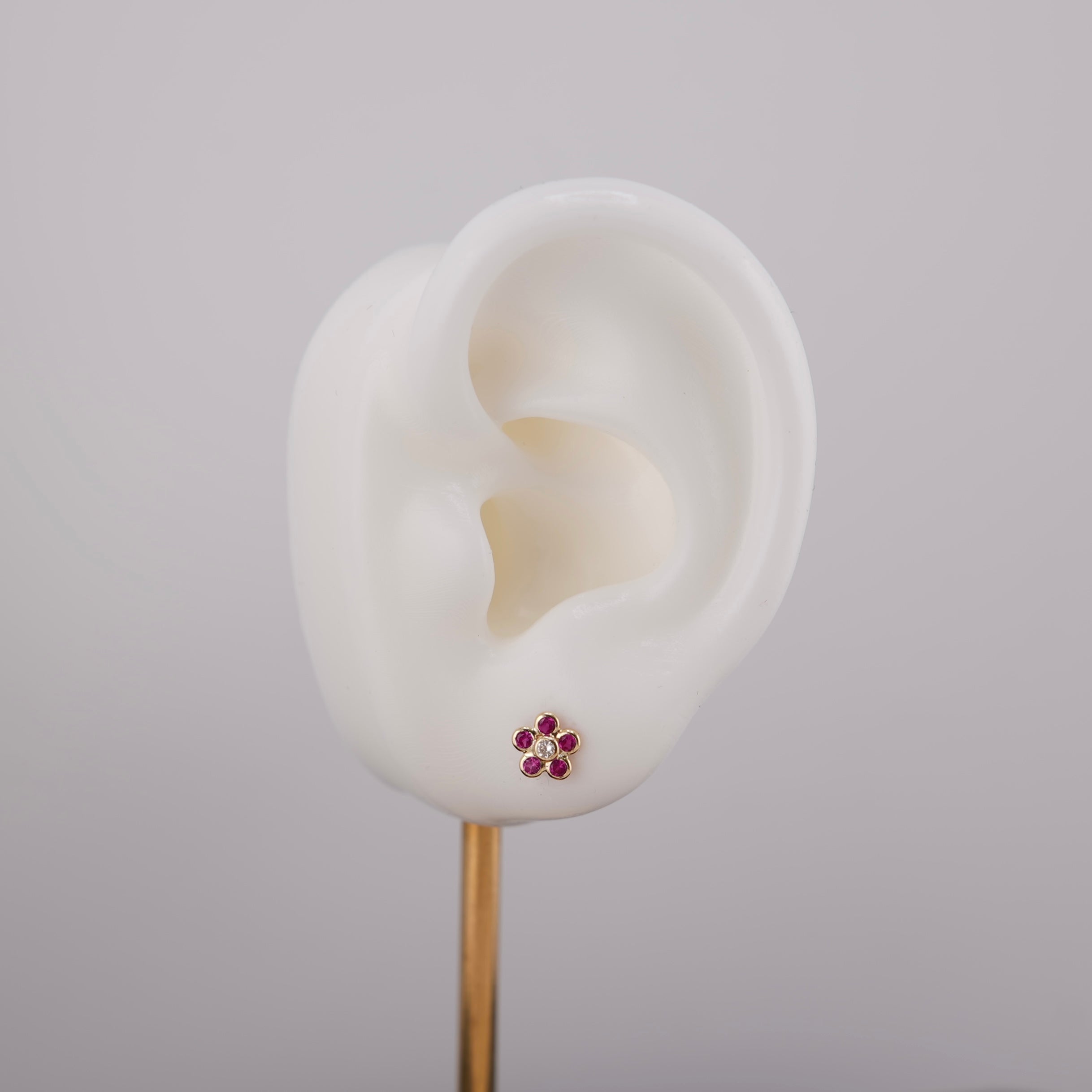 14k Gold Dark Pink Flower Earrings