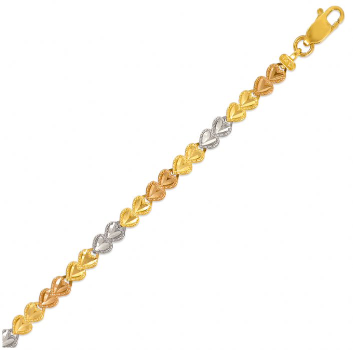 14k Gold 4mm 3 Tone Heart Women's Bracelet
