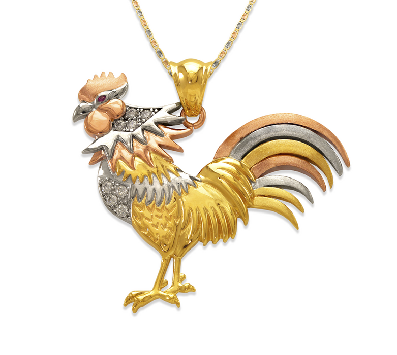 14k Gold 3 Tone Rooster w/Cz Pendant (pendant only)