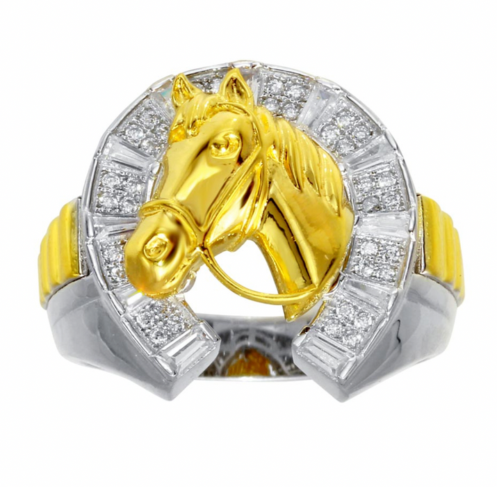 Silver .925 2 Tone Horse Ring w/ CZ Gold Dipped